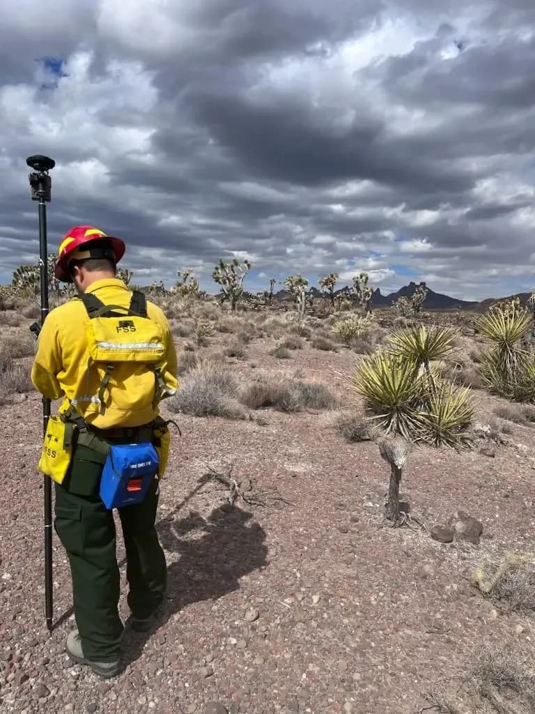 Field crew member collecting GNSS observations in remote desert terrain